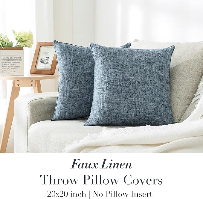HPUK Linen Throw Pillow Covers Pack of 2, 20x20 Inch Accent Cushion Covers for Living Room, Bedroom, Decorative Solid Color Pillow Covers for Couch, Sofa, Chair, Blue