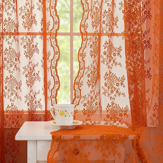YJ YANJUN Vintage Lace Curtains 72 Inches Long-Rustic Floral Pattern Burnt Orange Sheer Curtain Panels for Dining Room Bay Window Bedroom Privacy Boho Farmhouse Autumn Fall Decor 2 Panels 52W x 72L