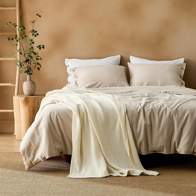 Bedsure 100% Cotton Muslin Throw Blanket Twin XL for Bed - 4-Layer Breathable and Lightweight Thin Soft Summer Gauze Muslin Blankets for Adults, Cream, 66x90 Inches