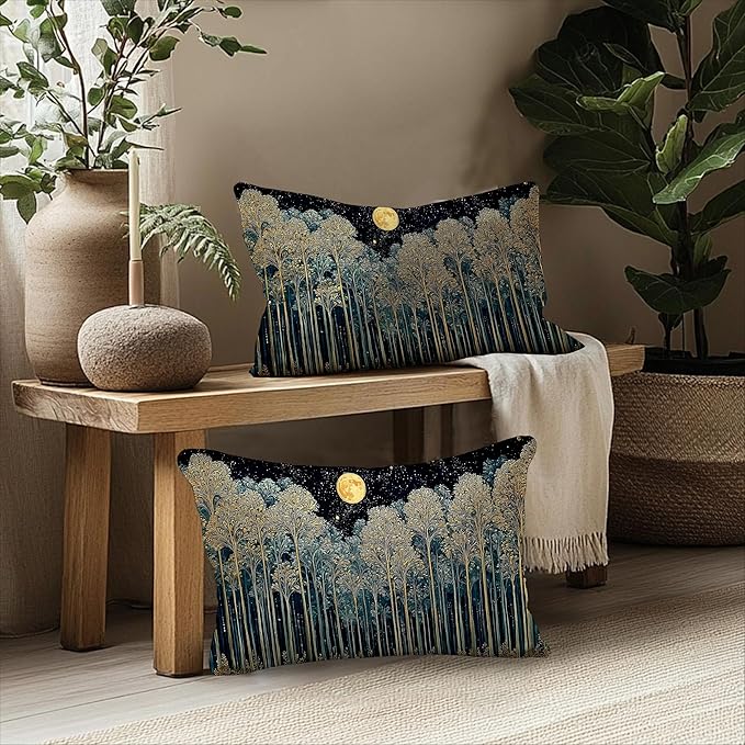 Rustic William Morris Night Forest Green Moon Decor Pillow Covers 12x20 Set of 2,Vintage Botanical Nature Landscape Decorative Throw Pillow Covers for Home Bedroom Living Room