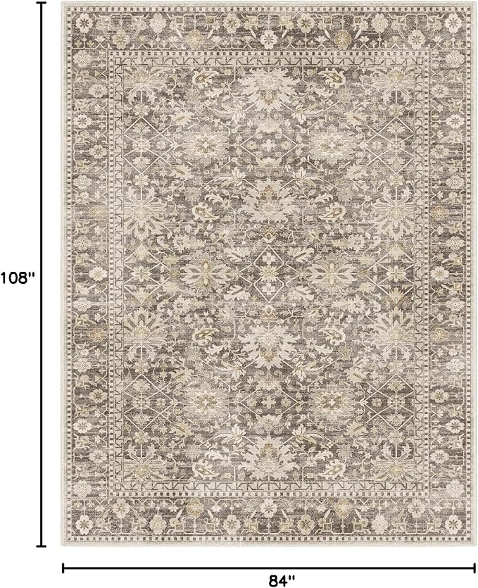 7X9 Area Rugs Machine Washable Rugs for Living Room Bedroom Hallway, Non Slip Indoor Soft Accent Distressed Boho Vintage Print Lightweight Thin Low Pile Carpet (Deep Brown/Gold, 7x9)