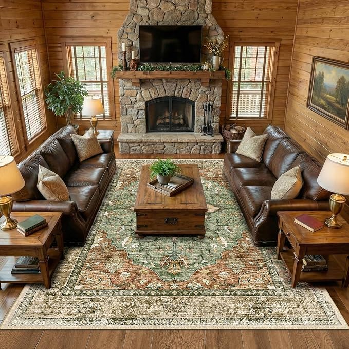 Area Rugs 10'x12' Washable Non-Slip, Floral Vintage Distress Print Pattern Medallion Carpet for Living Room Bedroom Dining Room, Brick Red Rust Neutral Brown Burnt Orange Green