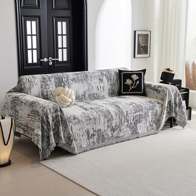 MYSKY HOME Sectional Couch Cover Deep Grey Abstract Geometric Sofa Covers for Sectional Sofa L Shape Chenille Couch Protector for Dogs Pets Couch Throw Cover Washable Durable for Home Decor, 71" X118"