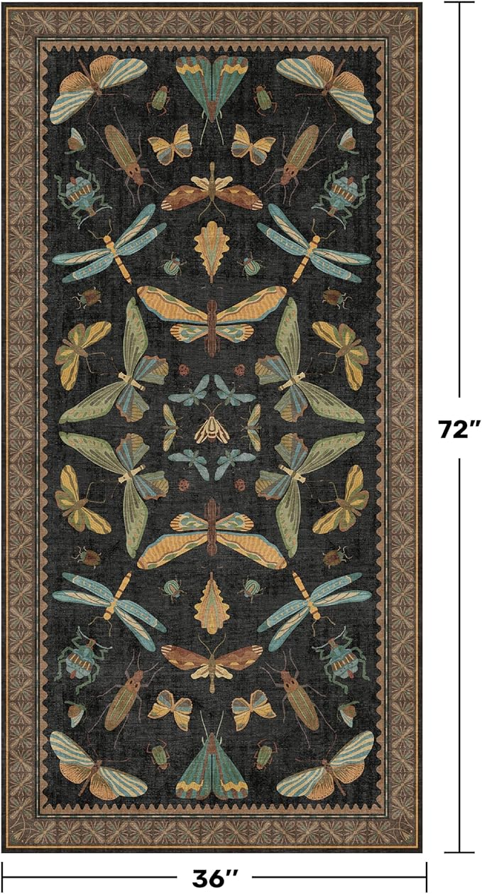 Green and Black Rug for Entryway Indoor- 3x6 Kitchen Floor Mats Non Slip, Washable Dark Unique Insect Print Rugs for Entry Way, Mudroom, Vintage Stain Resistant Indoor Décor