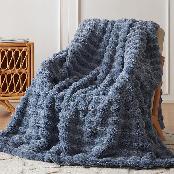 COOVA Faux Fur Throw Blanket for Couch, Cozy Soft and Fuzzy Plush Rabbit Fur Bubble Blanket for Sofa Bedroom Living Room, 50x60 Inches Cationic Dark Blue