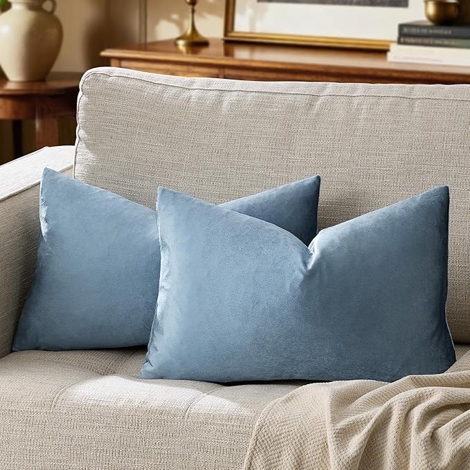 GIGIZAZA Stone Blue 12x20 Velvet Decorative Lumbar Throw Pillow Covers for Sofa Bed 2 Pack Soft Cushion Cover