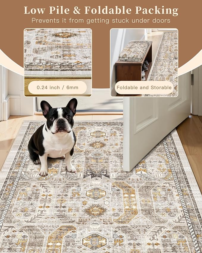Madane Washable Area Rug 2x3, Small Entryway Rug Non-Slip Vintage Door Mat Indoor Entrance, Low Pile Floor Carpet for Inside Front Door Bedroom Kitchen Entry Laundry (2'x3', Brown/Gold)