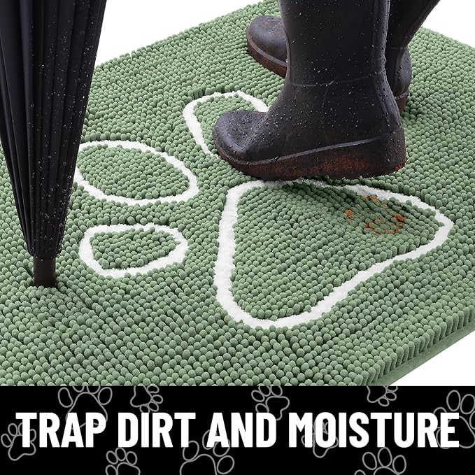 Smiry Dog Door Mat for Muddy Paws, Absorbent Dirt Trapper Non Slip Quick Dry Washable Chenille Mat for Mud Dogs, Entry Rug for Indoor and Outdoor (36x24 Inches, Olive Green and White)