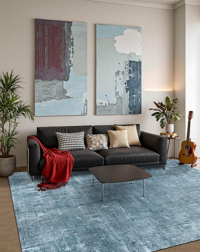Latte&Fog 5x7 Area Rugs for Living Room Bedroom, Blue Modern Abstract Neutral Washable Rug, Boho Non Slip Low Pile Carpet for Dining Room, Dorm, Classroom, College Dorm, Farmhouse and Kids Room - Blue