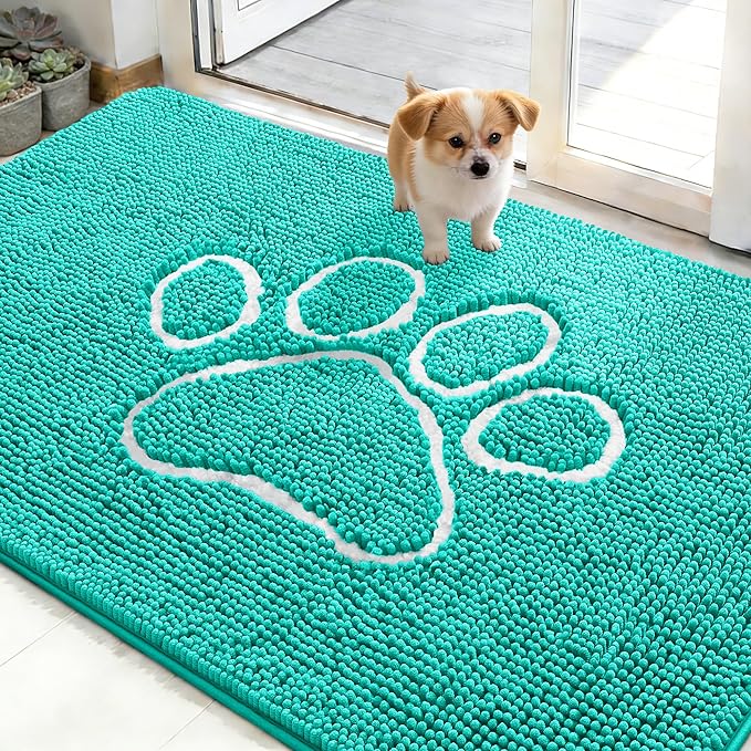 OLANLY Dog Door Mat for Muddy Paws 48x30, Paw Print Design, Absorbs Moisture and Dirt, Absorbent Non-Slip Washable Doormat, Quick Dry Chenille Mud Mat for Dogs, Entry Indoor Entryway Carpet, Teal