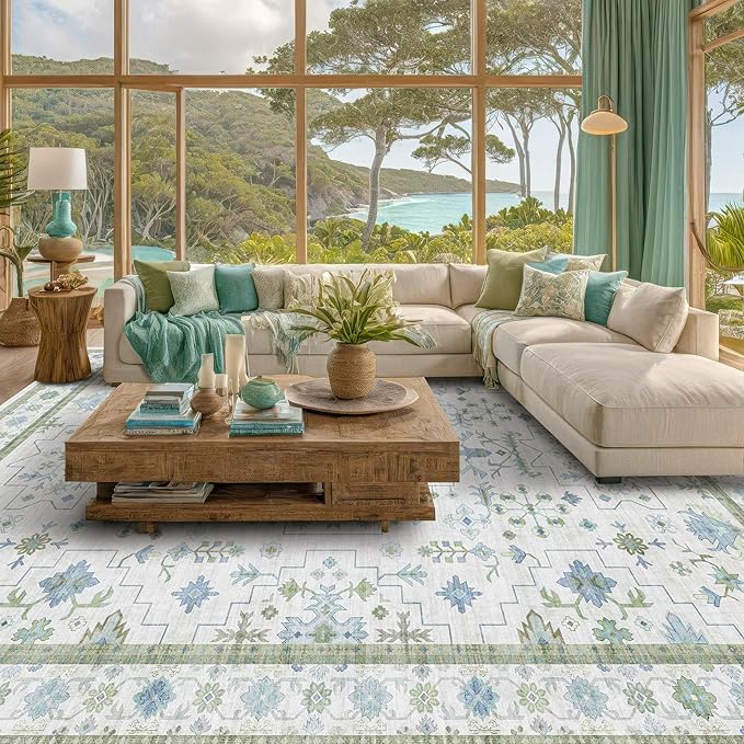 Hazo Haus Blue and Green Living Room Rug 7x10 - Cream Oushak Vintage Boho Floral Farmhouse, Washable Low Pile Non-Slip Extra Large Area Rugs for Bedroom, Kids, Lounge