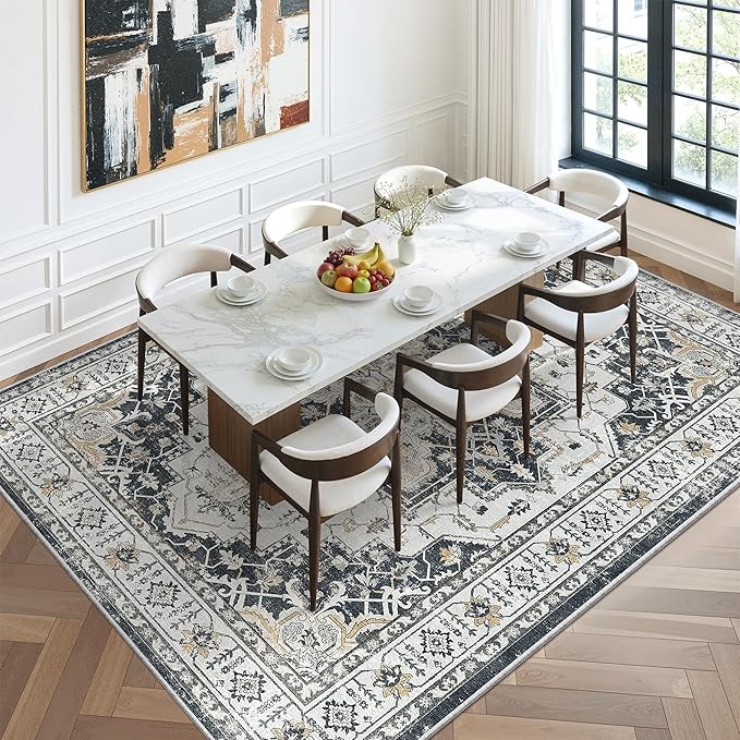 zesthome Area Rug 8x10,Ultra-Thin Washable Rugs for Living Room, Non-Slip Backing Area Rugs,Small Entryway Rug,Vintage Medallion Pattern Rugs (Black,8'x10')