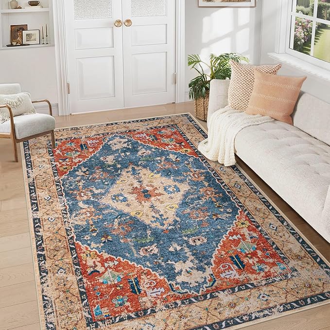 Area Rug 5x7 Washable Rug, Vintage Boho Medallion Rugs Non-Slip Soft Low Pile Large Distressed Rug Indoor Retro Carpet for Living Room Bedroom Dining Room Office (TribalMedallionMulti, 5'x7')