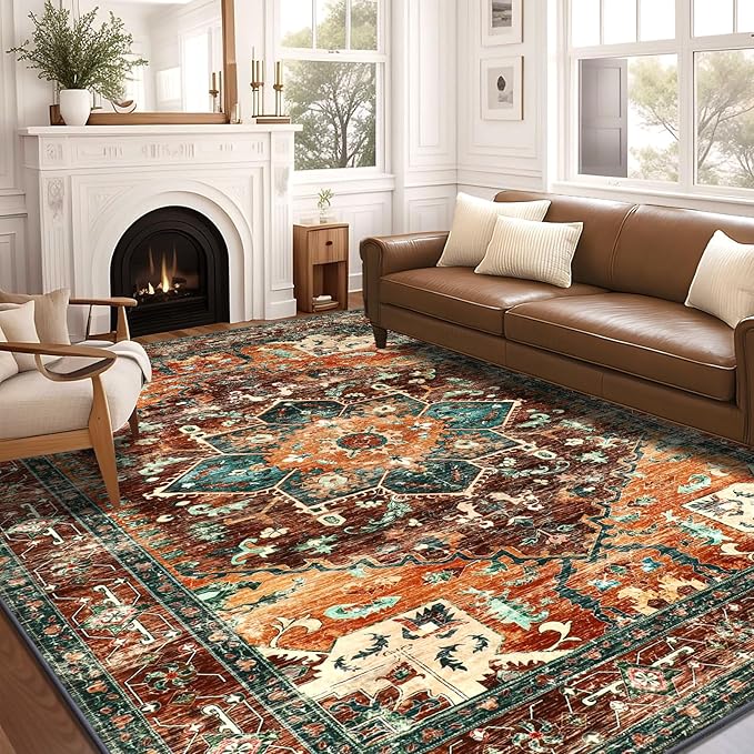 Yamaziot 8x10 Large Area Rug, Non-Slip Washable Boho Vintage Living Room Bedroom Rug with Rubber Backing, Low Pile Faux Wool Soft Distressed Rug Floor Carpet for Living Room, Bedroom