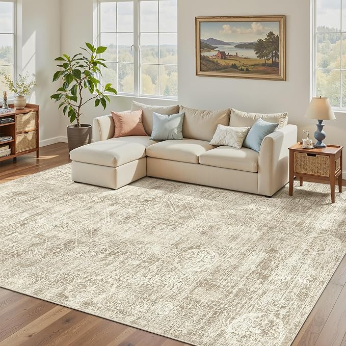 Madane 5x7 Area Rugs for Living Room, Washable Vintage Natural Beige Rug with Non-Slip Backing, Soft Floral Print Throw Rugs Floor Low Pile Carpet for Bedroom Dining Room Farmhouse