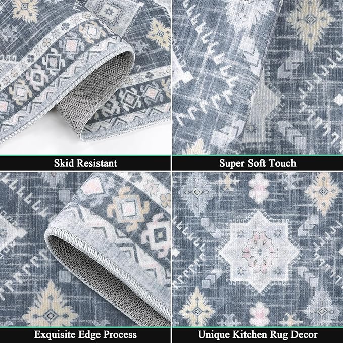HEBE Boho Kitchen Rug Sets 3 Piece with Runner Non Slip Kitchen Rugs and Mats Washable Kitchen Mats for Floor Thick Kitchen Floor Mat Carpet Runner Rugs for Hallway Laundry Holiday Decor