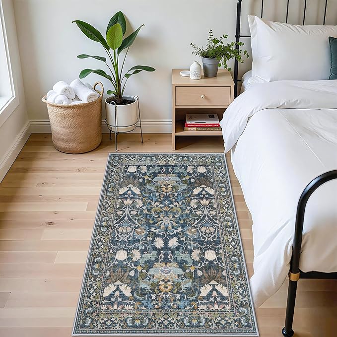 4x6 Living Room Area Rugs: Washable Boho Bedside Rugs Non Slip Low Pile Floral Small Carpet for Kitchen Bedroom Non-Shedding Floor Mat for Kids Room Office Dining Room(4x6 Floral/Blue)