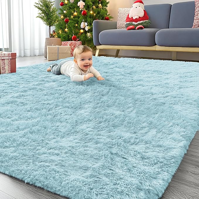 OLANLY 8x10 Machine Washable Large Area Rugs for Living Room, Bedroom, Soft Fluffy Shaggy Bedside Rug, Indoor Floor Carpet for Kids Girls and Boys, Dorms, Nursery, Home Decor Aesthetic, Light Blue