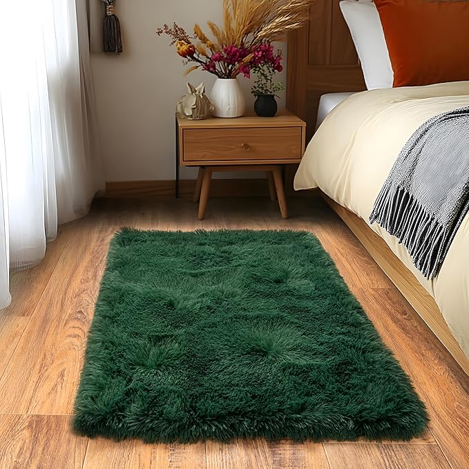 Small Area Rug, 2x3 Rug for Bedroom Shaggy Throw Rugs for Dorm Rug, Soft Shag Carpet for Kids Room, Plush Comfy Fluffy Bedside Rug for Home Decor Aesthetic, Blackish Green