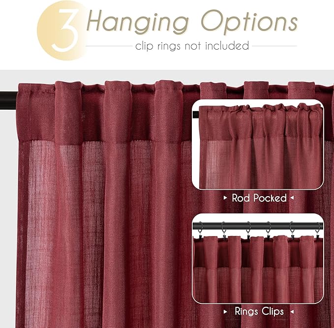 Burgundy Curtains for Living Room Back Tab Modern Farmhouse Semi Sheer Burgundy Curtains 84 inches Long 2 Panels Set Muted Neutral Window Curtain for Dining Room Bedroom 52x84