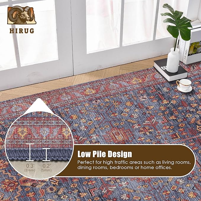 Washable Area Rug 4' x 6' Vintage Traditional Persian Mat - Foldable Distressed Non-Slip Machine Washable Carpet for Living Room Bedroom Kitchen Home Decor - Indigo and Crimson