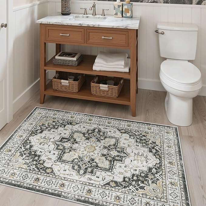 Madane Washable Entry Rug 3x4, Area Rugs for Entryway Kitchen Bathroom Door Mat Indoor Entrance, Vintage Floral Print Office Runner with Non Slip Rubber Backing, Black