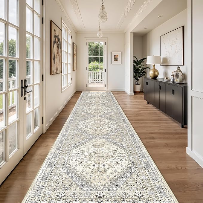 Washable Runner Rug 2.5x14, Non-Slip Long Kitchen Mats for Floor, Vintage Rug for Entryway, Soft Hallway Runner for Dining Room, Bedroom, Living Room(Beige,2.5'x14')