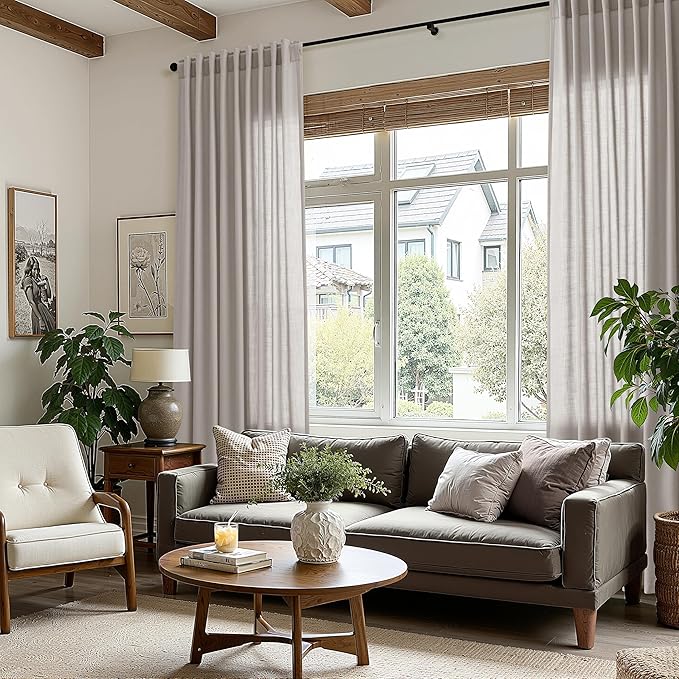 Nanspring Stone Grey Linen Curtains 90 Inches Long for Living Room Simple Modern Light Filtering Semi Sheer Curtain Back Tab and Rod Pocket Neutral Luxury Drapes for Bedroom Office 52x90, 2 Panels