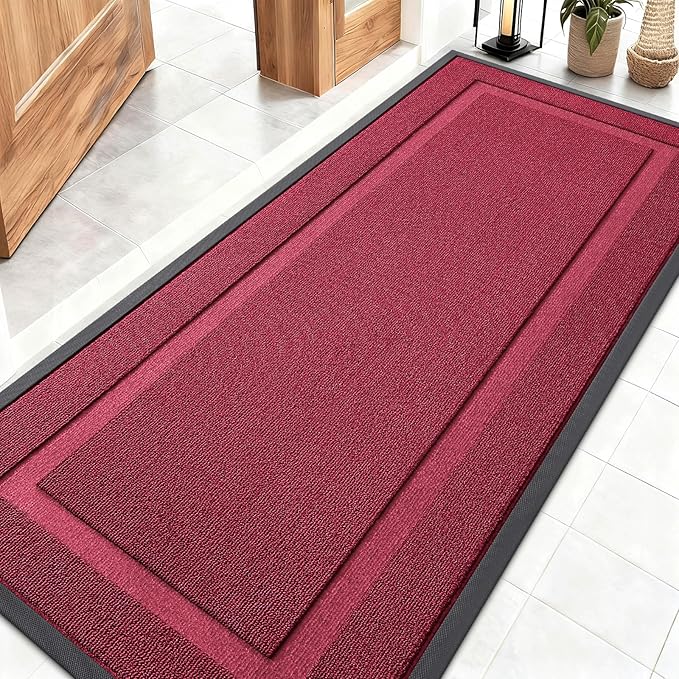 OLANLY Front Door Mat Indoor Outdoor Entrance, Waterproof All-Season, All-Weather Doormat, Sturdy Natural Rubber, Low Profile, Easy Clean Patio Porch Entryway Mat, 59x23, Burgundy