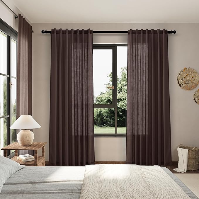 Nanspring Coffee Linen Blend Drapes 84 Inch Length 2 Panels Set Back Tab Rod Pocket Light Filtering Privacy Semi Sheer Textured Curtains Neutral Farmhouse Decor Curtains for Living Room Bedroom 52x84