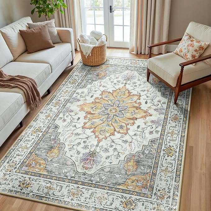 RELEANY Area Rugs 5'x8' Washable Non-Slip, Floral Vintage Distress Print Pattern Medallion Carpet for Living Room Bedroom Dining Room, Light Yellow Carbon Grey Orange