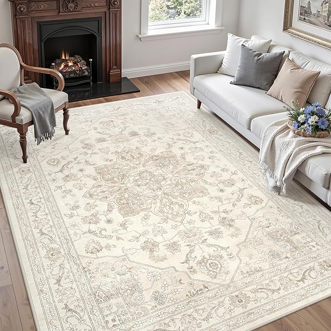 5x7 Area Rugs for Living Room: Vintage Boho Neutral Washable Rug Indoor Soft Large Area Rug Carpet for Bedroom Nursery Farmhouse Dining Room Office Floor Non-Slip Low Pile Under Table Rug Beige White