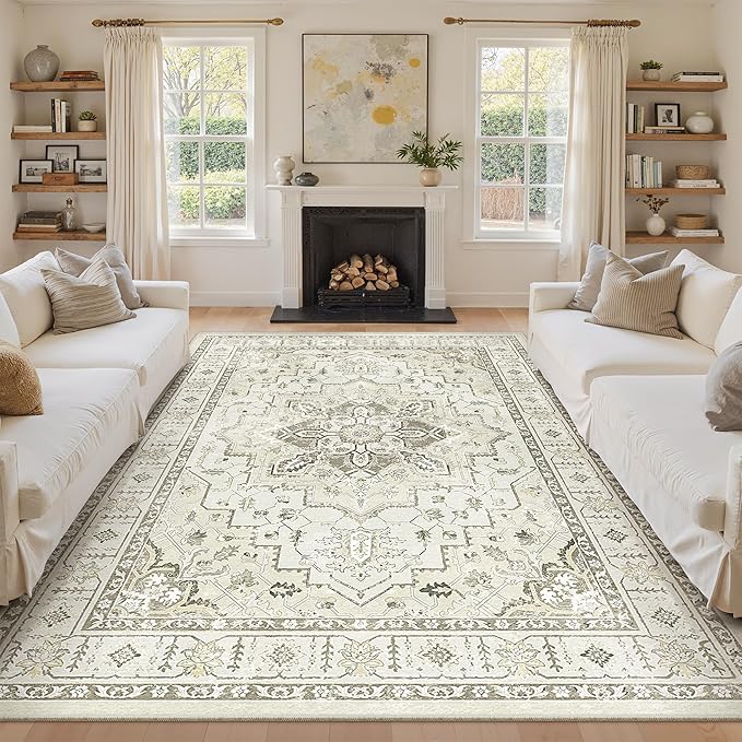 zesthome Area Rug 8x10,Ultra-Thin Washable Rugs for Living Room, Non-Slip Backing Area Rugs,Small Entryway Rug,Vintage Medallion Pattern Rugs (Beige,8'x10')