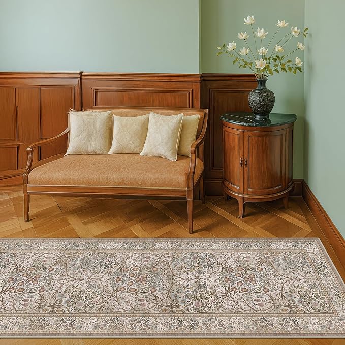 Hazo Haus Non Slip 2x10 Moss Green Hallway Runner - 10ft Long Runner Rugs, Washable Kitchen Floor Mat - Vintage Brown Taupe Neutral Floral Design Décor