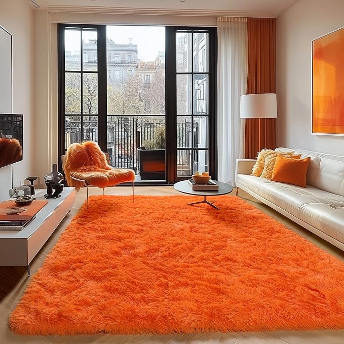 ONASAR Orange Rugs for Living Room Bedroom, 5x8 Fluffy Bedside Area Rug, Soft Plush Shaggy Indoor Floor Carpet for Nursery Kids Girls Boys Teen Dorm Home Office Decor Aesthetic