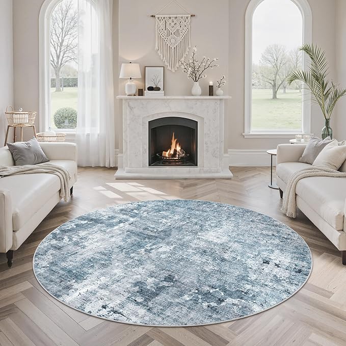 6x6 Blue/Grey Round Rug 6ft Living Room Circle Rug Vintage Round Area Rug Non Slip Indoor Carpet for Dining Room Bedroom