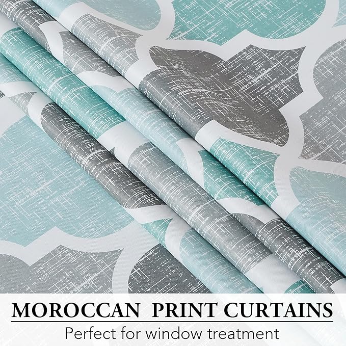 Beauoop 100% Blackout Curtains 63 Inches Long 2 Panels for Bedroom Living Room Aqua Grey Moroccan Geo Room Darkening Thermal Insulated Soundproof Grommet Top Window Treatments Drapes, 50x63 Set of 2