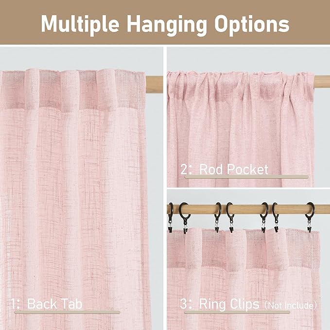 LAMIT Linen Curtains 48 Inch Length 2 Panels, Light Filtering Panels Back Tab and Rod Pocket Neutral Drapes for Kitchen/Window/Kids Room/Bedroom, 34 x 48 Inch Pink
