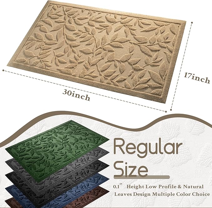 Beige Leaves Outdoor Indoor Entrance Doormats, Absorbent Durable Heavy Duty Welcome Front Door Mat,Thick Natural Rubber Back,Easy Clean Entryway Mat 17x30 Inch, Low Profile