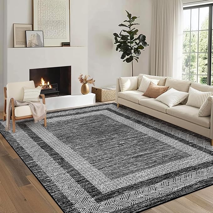 GarveeHome Washable Rug 5x7 Modern Bordered Rug with Non Slip Rubber Backing, Low Pile Thin Carpet, Soft Non Shedding Floor Covering, Foldable Printed Carpet for Living Room Bedroom, Black