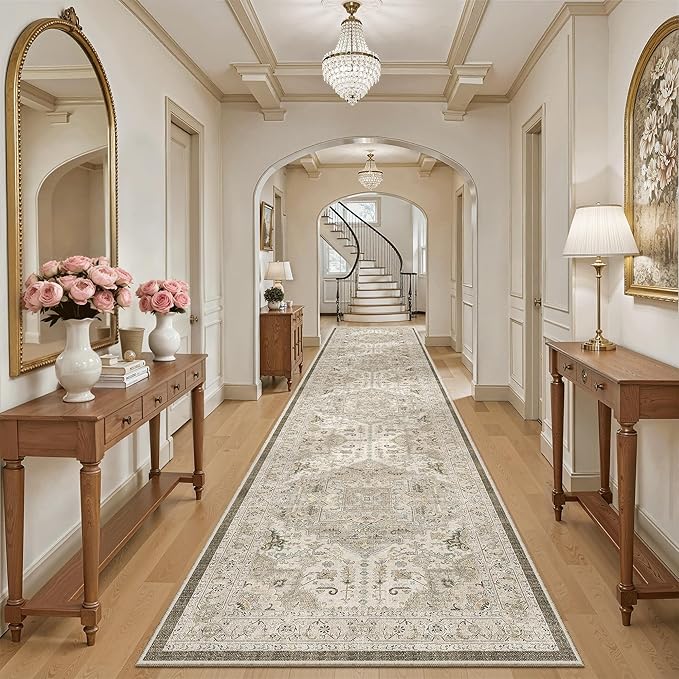 Madane Hallway Runner Rug 3x16 - Vintage Non Slip Washable 16ft Kitchen Runner for Entrance Soft Long Carpet Runners for Living Room Bathroom Low Pile Floor Mat for Bedroom Dining Room, Ivory/Brown