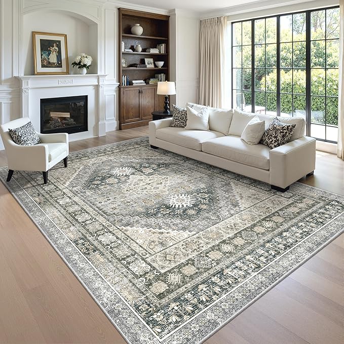 zesthome 8x10 Area Rugs for Living Room,Non-Slip Backing Washable Rugs,Vintage Large Area Rug，Stain Resistant Home Decor Rug (Wheat/Charcoal,8'x10')