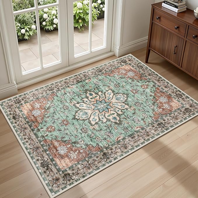 2x3 Area Rugs Living Room Rug: Washable Vintage Distressed Floral Rug No Slip Stain Resistant Soft Carpet Indoor Large Carpets for Bedroom Dining Room Farmhouse Nursery Hallway Home Office Brown Green