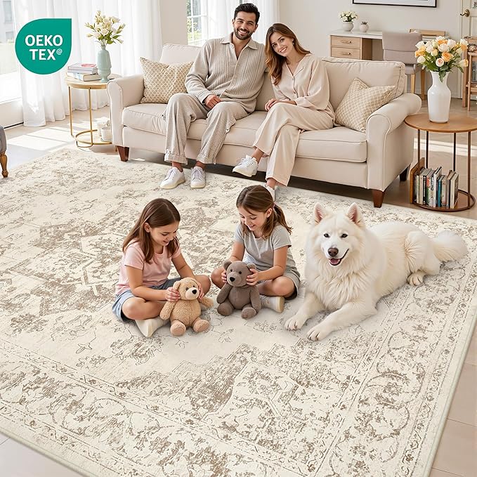 6x9 Area Rugs for Living Room: Vintage Boho Neutral Washable Rug Indoor Soft Large Area Rug Carpet for Bedroom Nursery Farmhouse Dining Room Office Floor Non-Slip Low Pile Under Table Rug Beige/Ivory