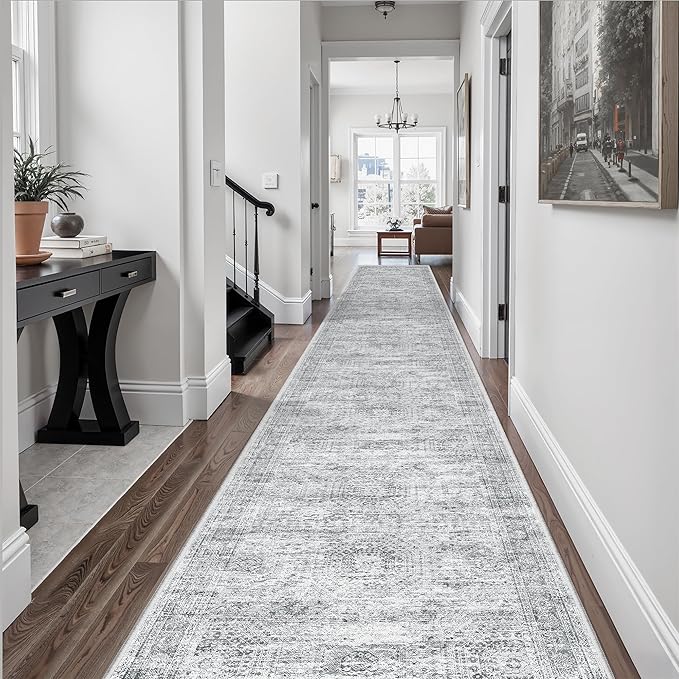 Runner Rug 2'6" x 16' Washable Non-Slip 2.5x16 ft Long Runner Rugs for Kitchen Bathroom Laundry Room Vintage Ultra Thin Runners for Hallway Entryway Grey