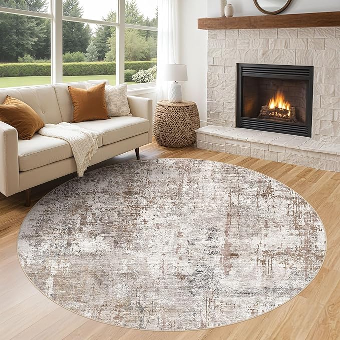 UERMEI 6ft Round Area Rug Living Room Rugs - 6x6 Washable Neutral Modern Abstract Soft Thin Rug Indoor Floor No Slip Rug Carpet for Bedroom Under Dining Table Home Office Decor - Brown/Grey/Red