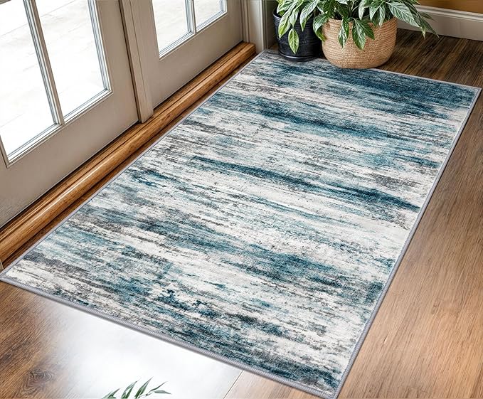 KOZYFLY Modern Abstract 3x5 Entryway Rug Non-Slip Washable Area Rug, Blue Throw Rugs Indoor Mat for High-Traffic Door Entrance, Kitchen, Laundry, Nursery, Soft Bedroom Living Room Accent