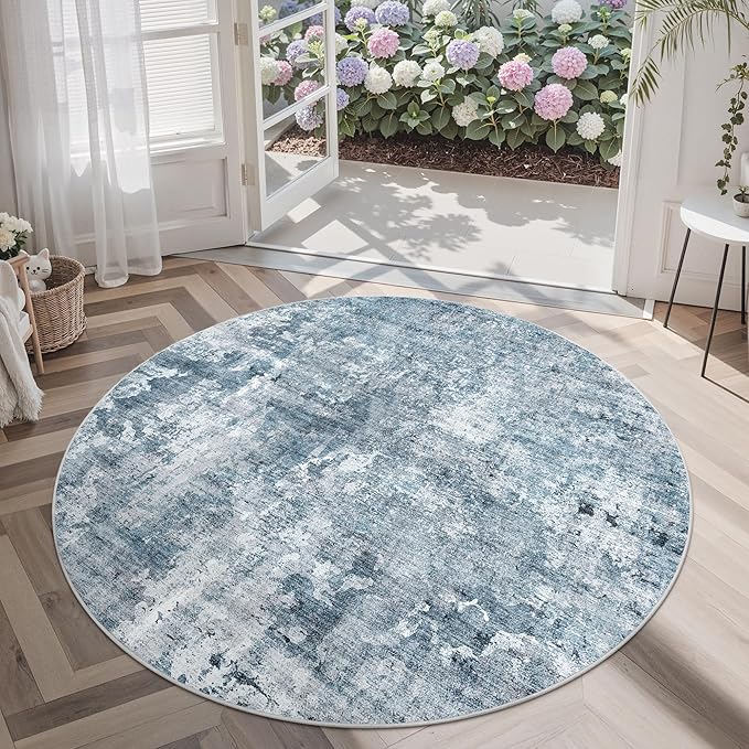 5x5 Blue/Grey Round Rug 5ft Living Room Circle Rug Vintage Round Area Rug Non Slip Indoor Carpet for Entryway Dining Room Bedroom