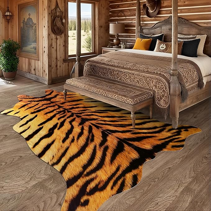 AROGAN Premium Tiger Print Rug 4.6x5.2 Feet, Machine Washable Faux Fur Rug, Non-Slip Animal Print Hide Tiger Skin Area Rug for Bedroom Living Room Home Decor