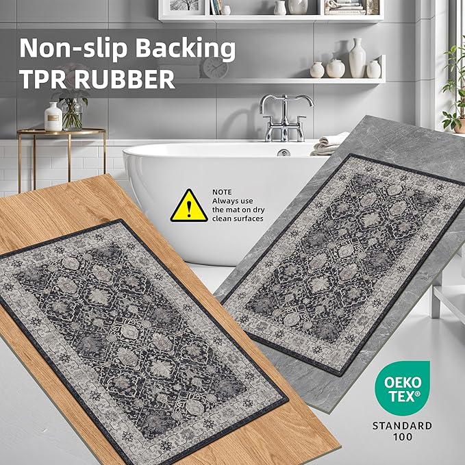 3 Pieces Kitchen Rug Sets: Farmhouse Washable Non-Slip Floor Mat for Sink Stove & Fridge Area Water Resistant Carpet for Laundry Room Entryway Soft Cozy Runners for Kids Pets Family(2x3+2x4+2x5,Black)